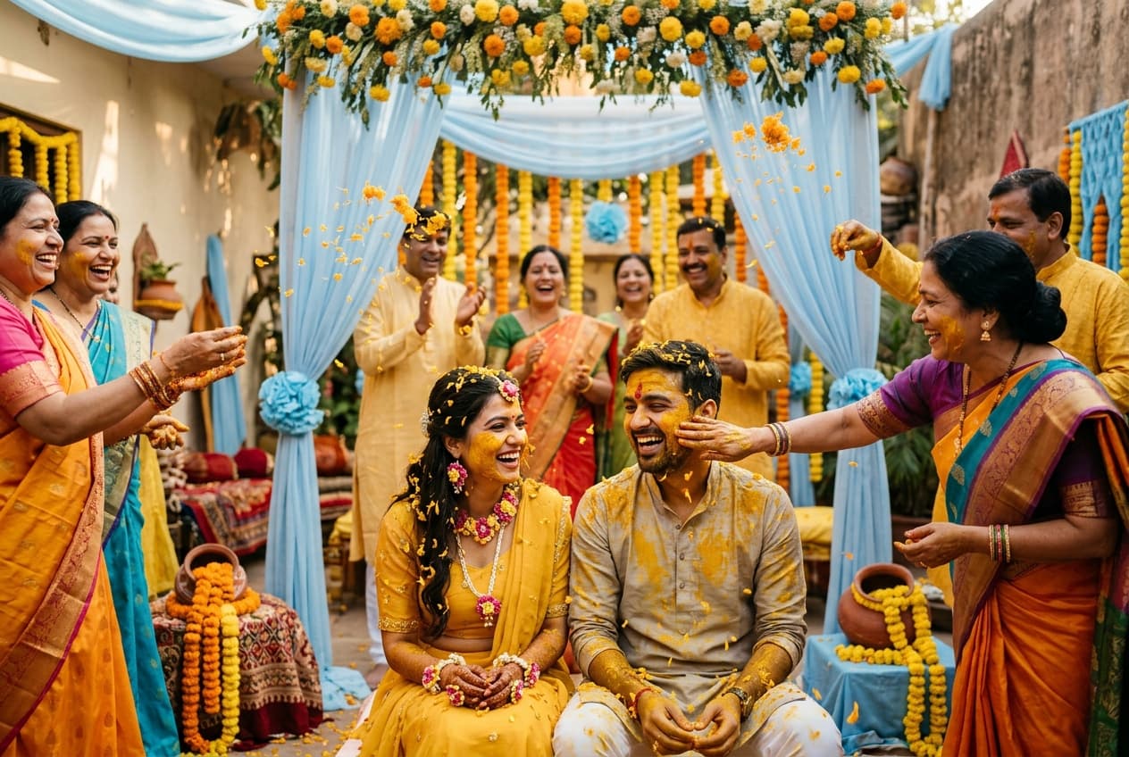 High-shutter freeze of turmeric celebrations and sister laughter.